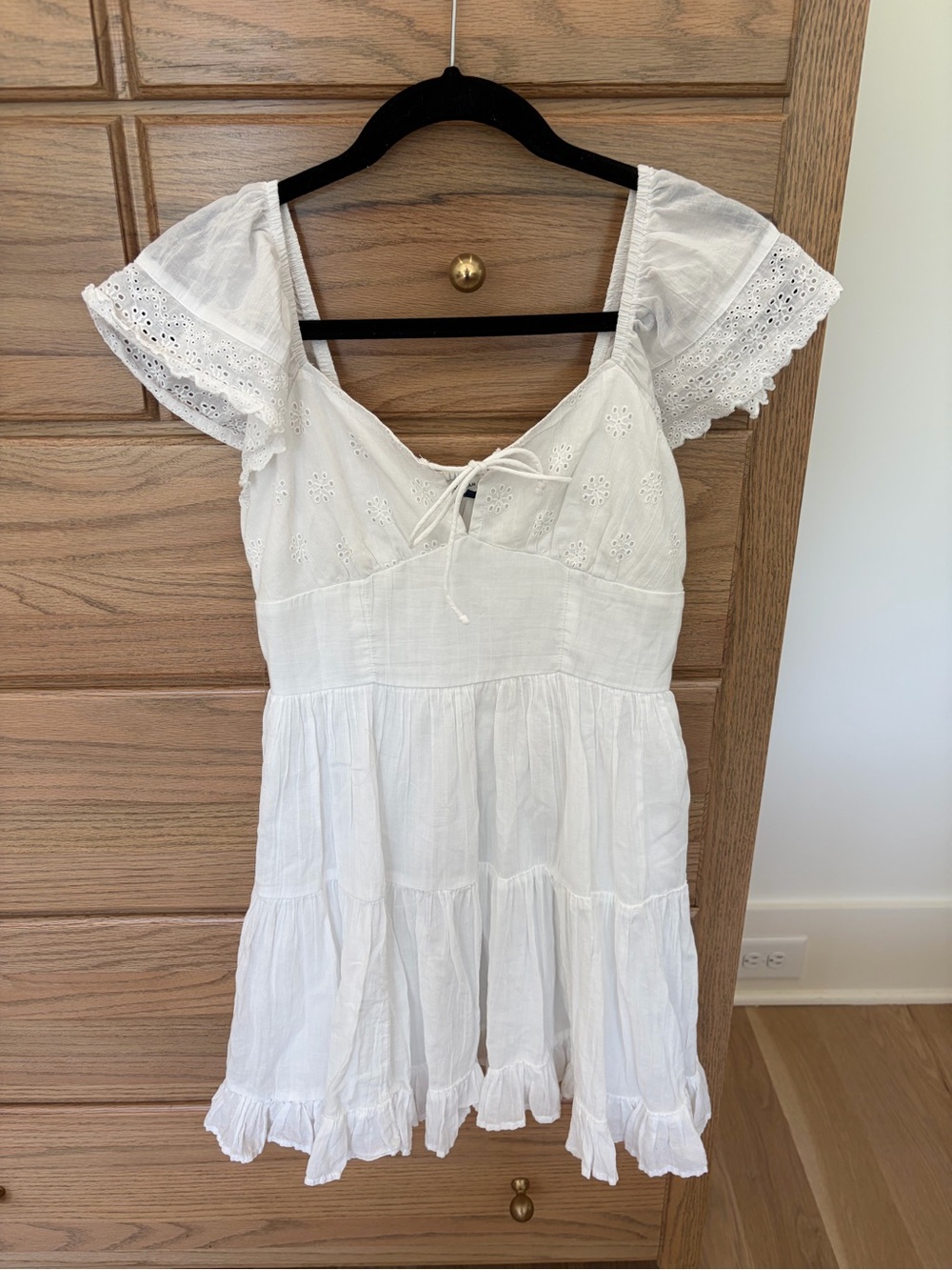 AE White Eyelet Tiered Flutter Sleeve Cotton Summer Dress